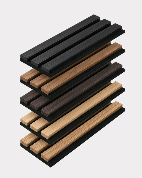 NORDAN acoustic slat wood panel sample box showing Walnut, Black, Teak, Oak and Dark Walnut finish samples for in-room color comparison.