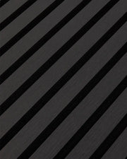 Close-up of the black woodgrain finish and vertical slat texture on NORDAN acoustic wall panels.