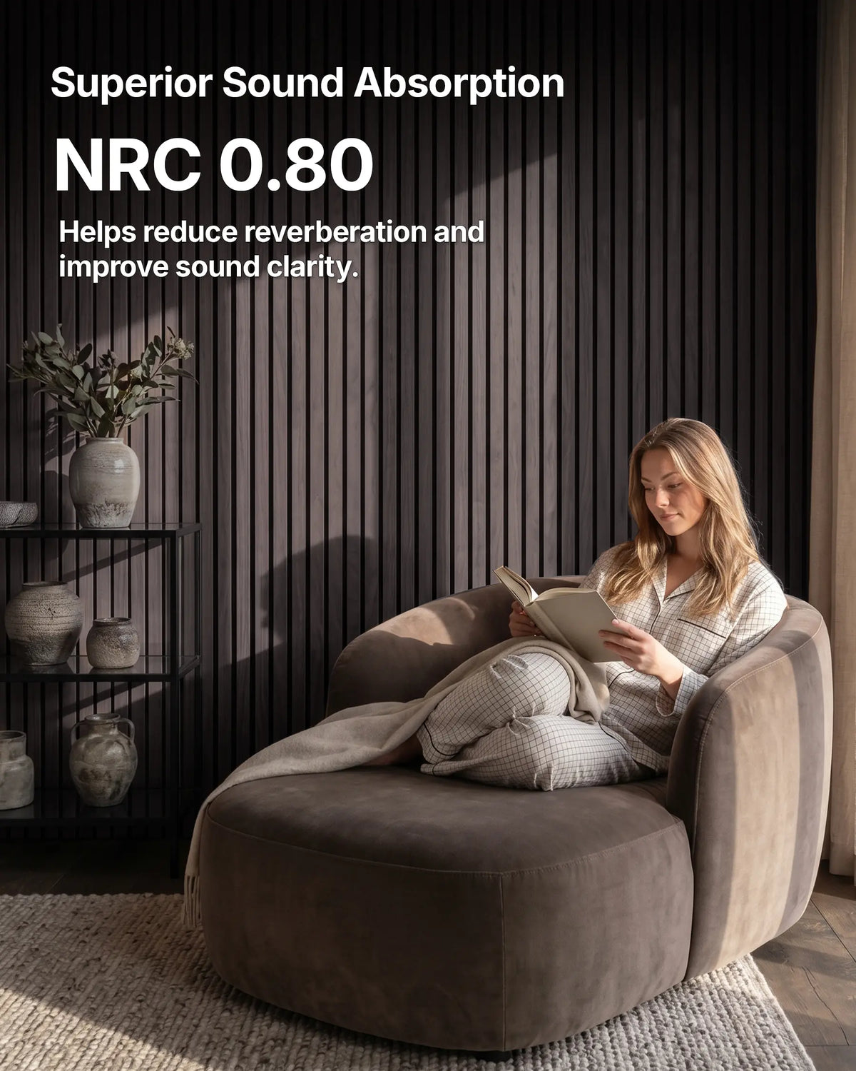 NRC 0.80 sound absorption test report for Dark Walnut NORDAN acoustic slat wood wall panels, showing acoustic performance documentation.