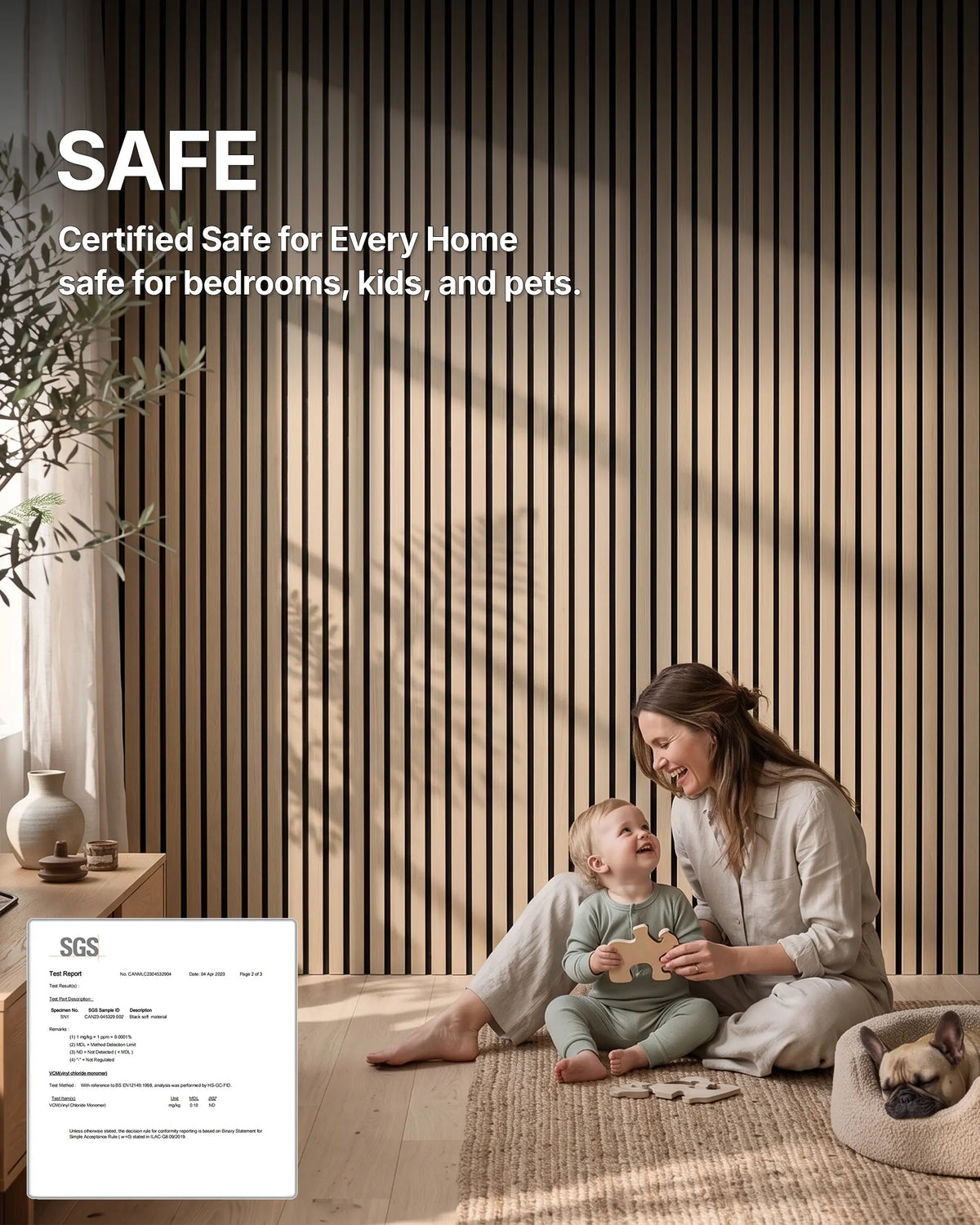 Indoor air safety test report for Oak NORDAN acoustic slat wood wall panels, showing third-party product testing documentation.