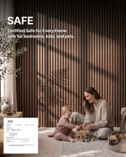 Indoor air safety test report for Teak NORDAN acoustic slat wood wall panels, showing third-party product testing documentation.
