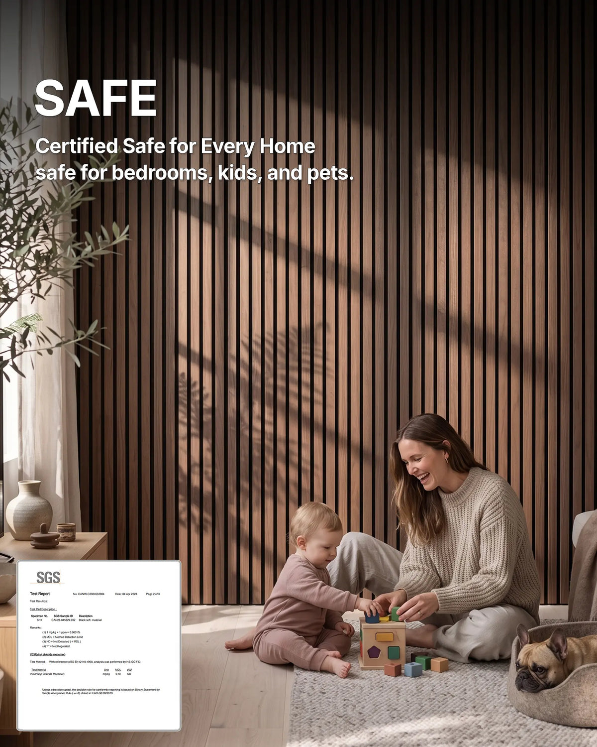 Indoor air safety test report for Teak NORDAN acoustic slat wood wall panels, showing third-party product testing documentation.