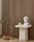 Walnut NORDAN acoustic slat wood wall panels installed as a feature wall in a styled interior space.