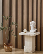 Walnut NORDAN acoustic slat wood wall panels installed as a feature wall in a styled interior space.